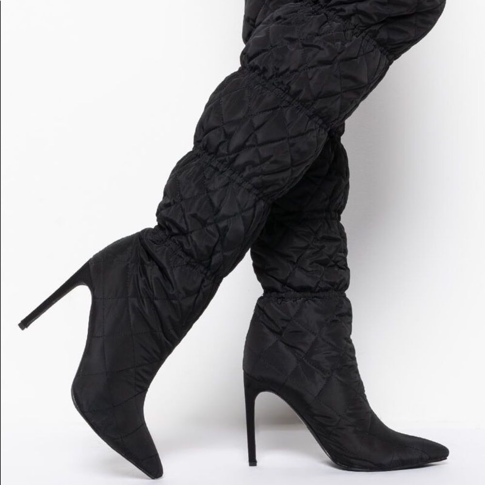 🖤 Black Quilt Lace Up Thigh Boot Heels